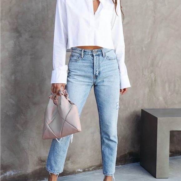 White Cropped Button Down Collared Shirt Set with Matching Cropped Tank - Picture 3 of 11